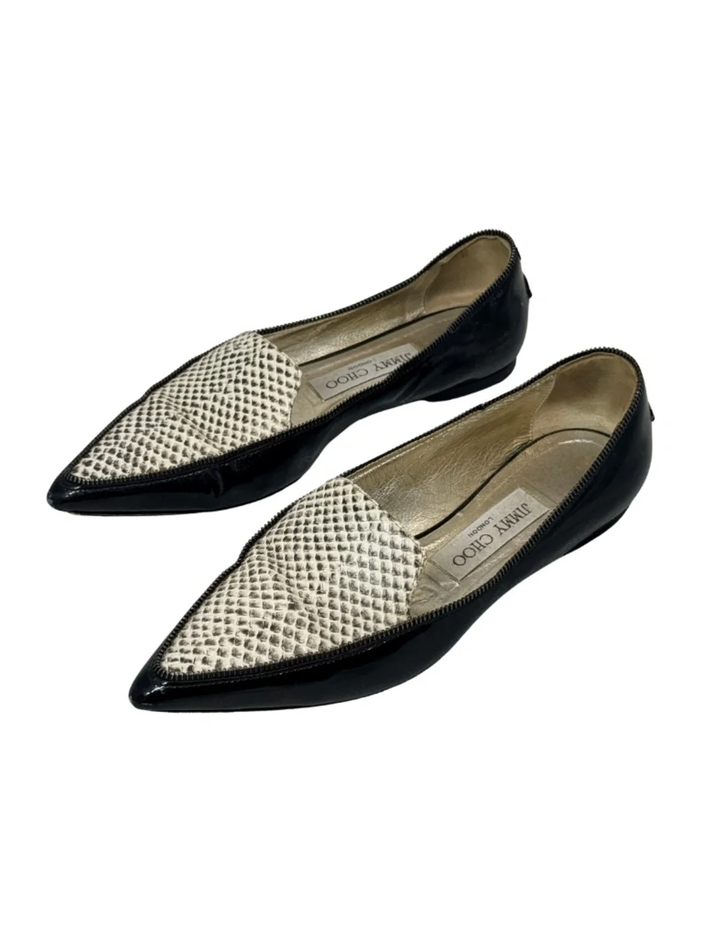Jimmy Choo Black Patent Leather Snakeskin Pointed Toe Flat Size 35 Silver Logo